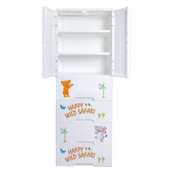 KIDS & BABIES STORAGE HOME BOX WITH HANGING & SHELVES - 4 DRAWERS - SAFARI WHITE