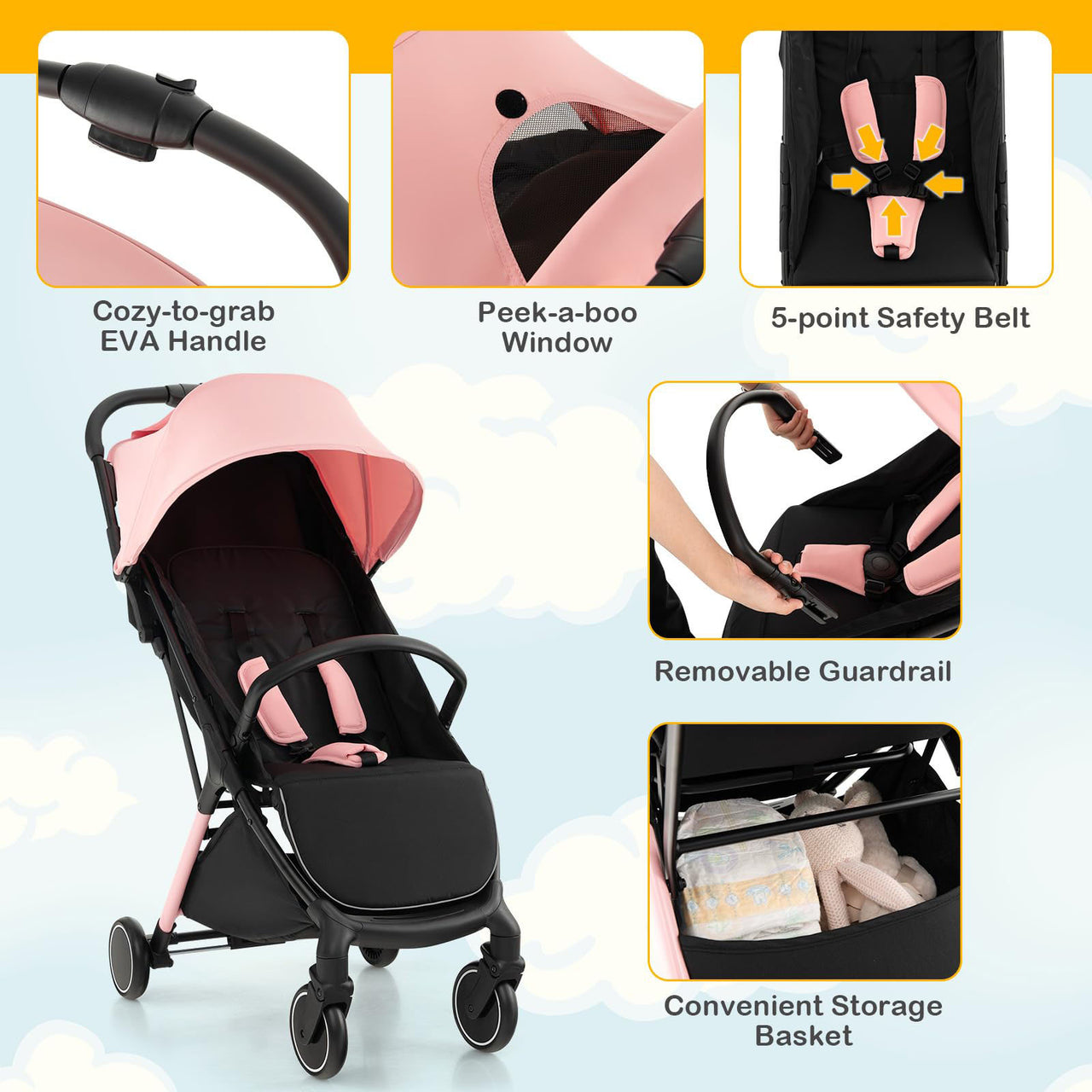 BABY STROLLER WITH ADJUSTABLE CANOPY AND FOOTREST